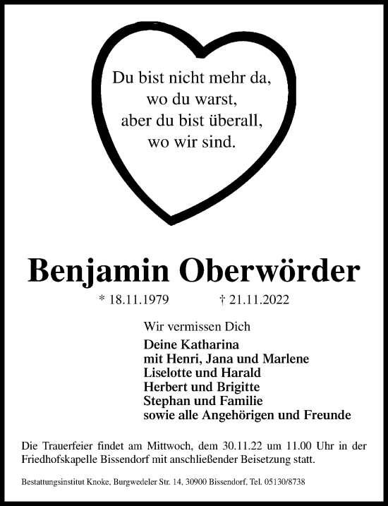 Traueranzeige von Benjamin Oberwörder von Hannoversche Allgemeine Zeitung/Neue Presse