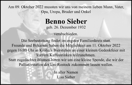 Traueranzeige von Benno Sieber von Ostsee-Zeitung GmbH