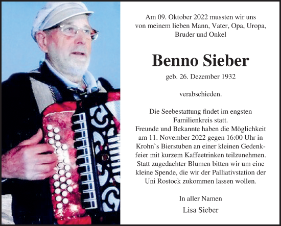 Traueranzeige von Benno Sieber von Ostsee-Zeitung GmbH