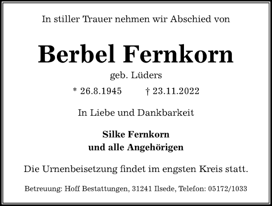 Traueranzeige von Berbel Fernkorn von Peiner Allgemeine Zeitung