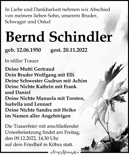 Traueranzeige von Bernd Schindler von Leipziger Volkszeitung