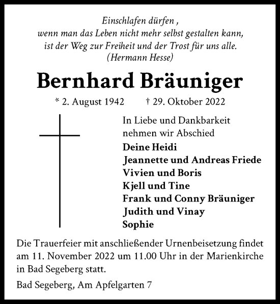 Traueranzeige von Bernhard Bräuniger von Kieler Nachrichten