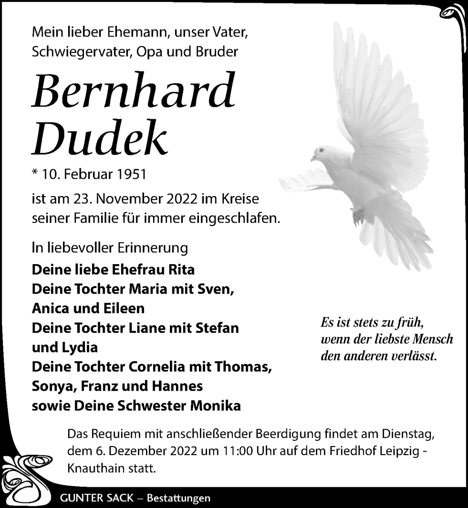  Traueranzeige für Bernhard Dudek vom 26.11.2022 aus Leipziger Volkszeitung