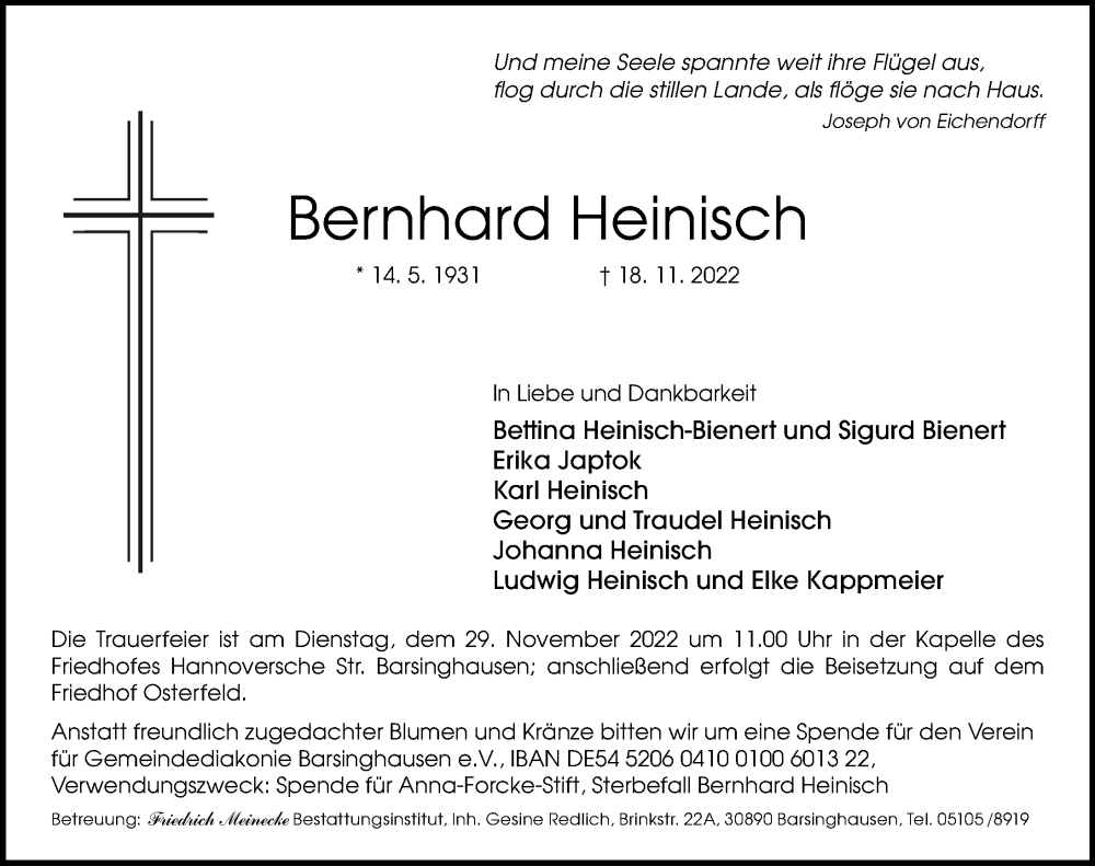  Traueranzeige für Bernhard Heinisch vom 19.11.2022 aus Hannoversche Allgemeine Zeitung/Neue Presse