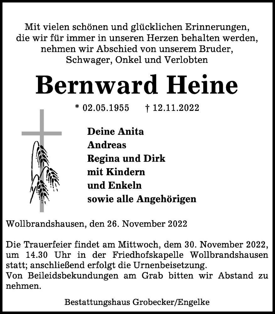  Traueranzeige für Bernward Heine vom 26.11.2022 aus Eichsfelder Tageblatt
