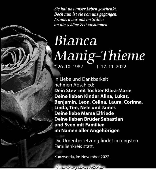 Traueranzeige von Bianca Manig-Thieme von Torgauer Zeitung