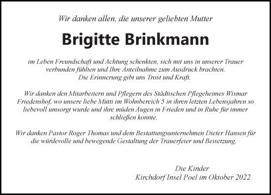 Traueranzeige von Brigitte Brinkmann von Ostsee-Zeitung GmbH