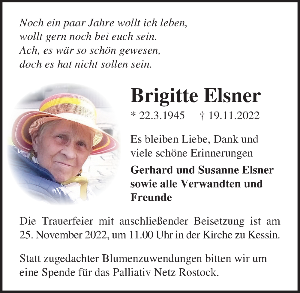  Traueranzeige für Brigitte Elsner vom 23.11.2022 aus Ostsee-Zeitung GmbH