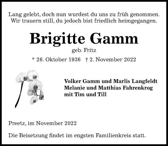 Traueranzeige von Brigitte Gamm von Kieler Nachrichten