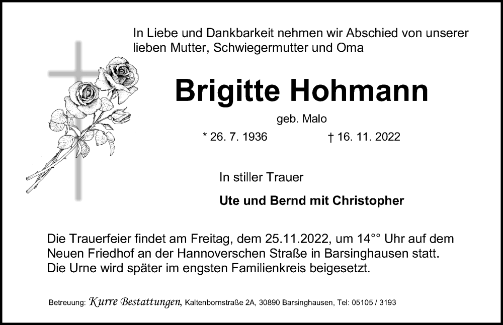  Traueranzeige für Brigitte Hohmann vom 19.11.2022 aus Hannoversche Allgemeine Zeitung/Neue Presse