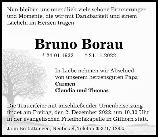 Traueranzeige von Bruno Borau von Aller Zeitung