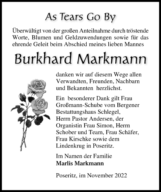 Traueranzeige von Burkhard Markmann von Ostsee-Zeitung GmbH