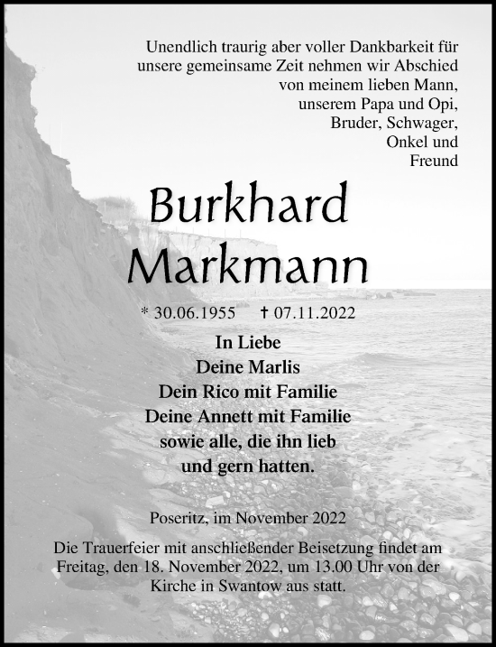 Traueranzeige von Burkhard Markmann von Ostsee-Zeitung GmbH