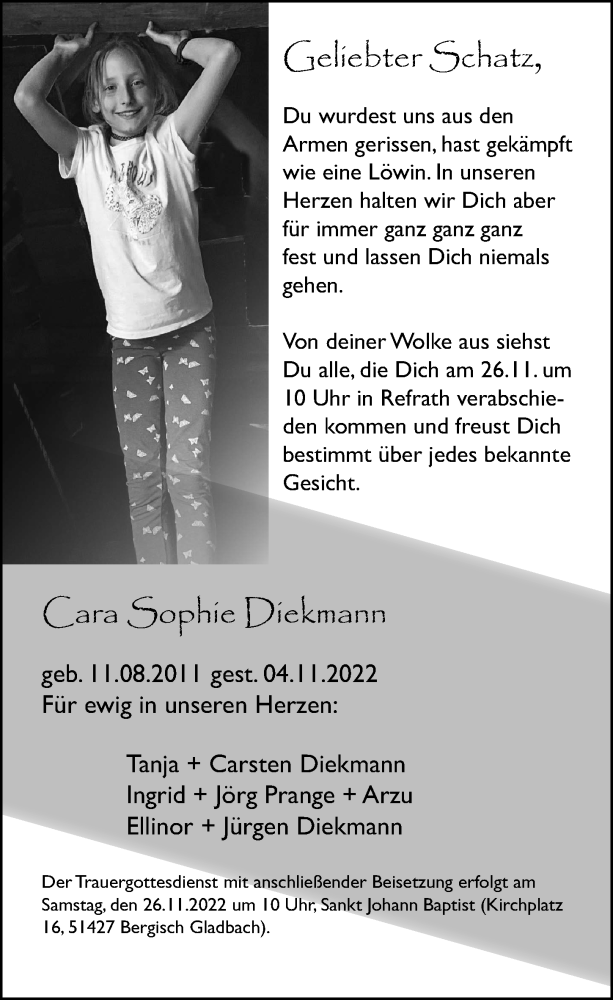  Traueranzeige für Cara Sophie Diekmann vom 19.11.2022 aus Göttinger Tageblatt