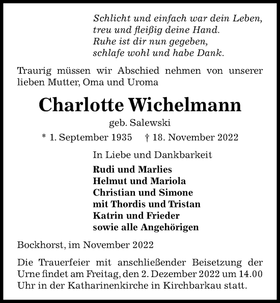 Traueranzeige von Charlotte Wichelmann von Kieler Nachrichten