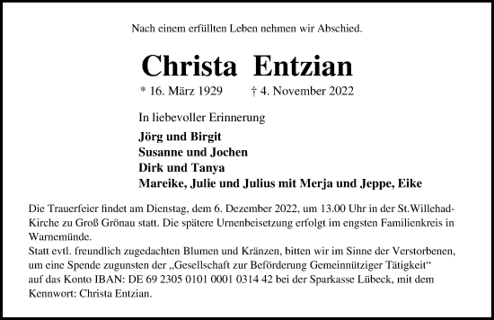 Traueranzeige von Christa Entzian von Lübecker Nachrichten