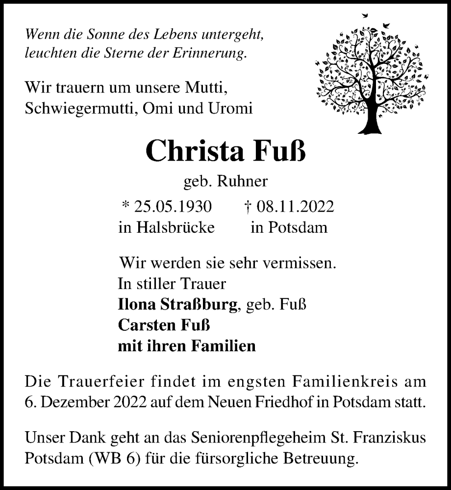  Traueranzeige für Christa Fuß vom 19.11.2022 aus Märkischen Allgemeine Zeitung