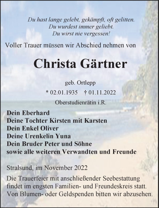 Traueranzeige von Christa Gärtner von Ostsee-Zeitung GmbH