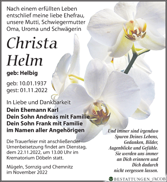 Traueranzeige von Christa Helm von Leipziger Volkszeitung