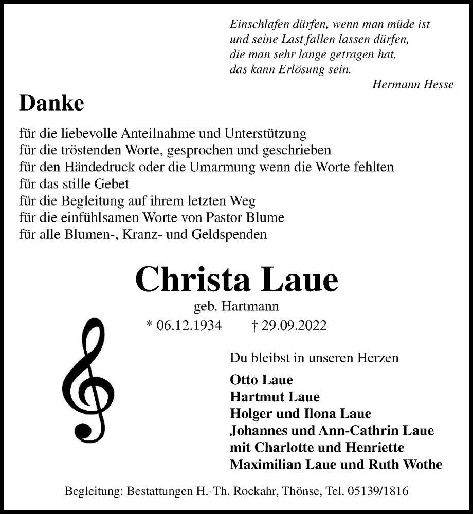  Traueranzeige für Christa Laue vom 05.11.2022 aus Hannoversche Allgemeine Zeitung/Neue Presse