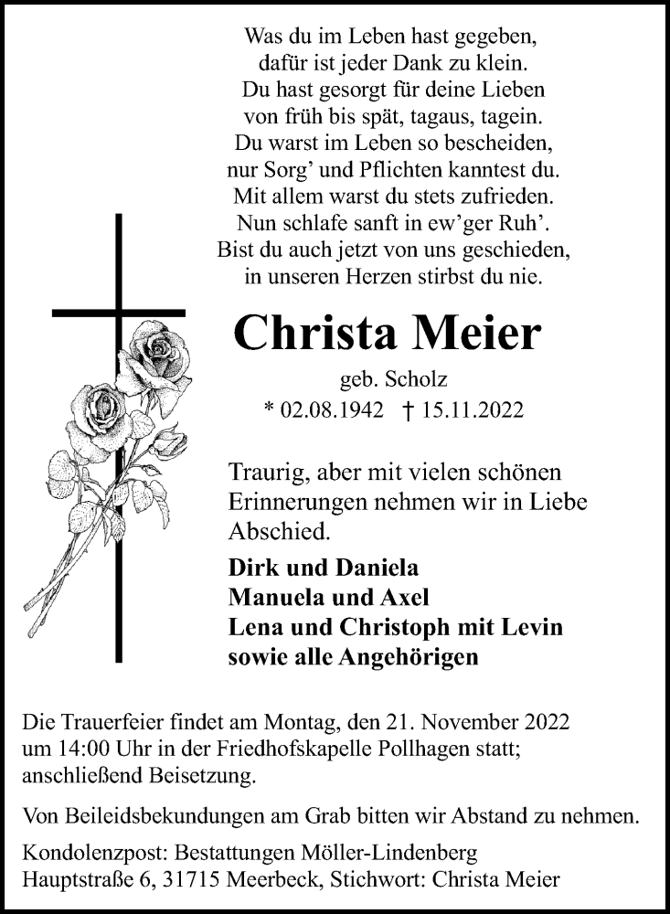  Traueranzeige für Christa Meier vom 19.11.2022 aus Schaumburger Nachrichten