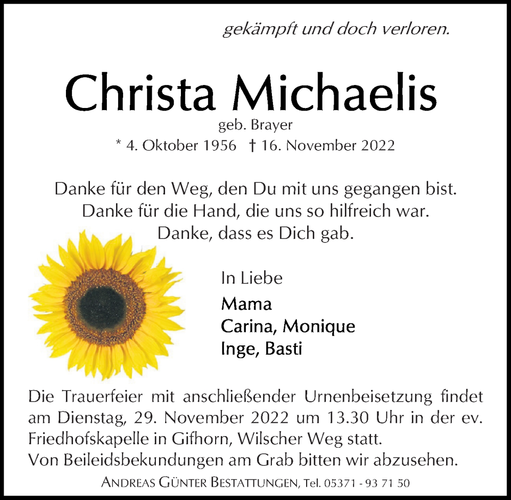  Traueranzeige für Christa Michaelis vom 19.11.2022 aus Aller Zeitung