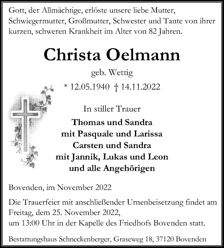  Traueranzeige für Christa Oelmann vom 19.11.2022 aus Göttinger Tageblatt