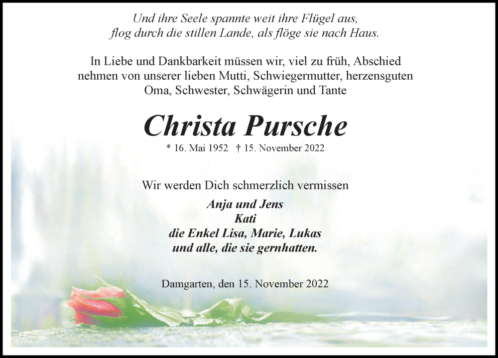  Traueranzeige für Christa Punsche vom 19.11.2022 aus Ostsee-Zeitung GmbH