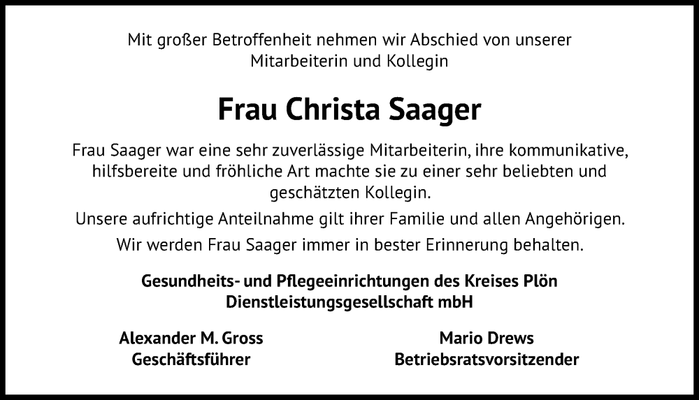  Traueranzeige für Christa Saager vom 19.11.2022 aus Kieler Nachrichten