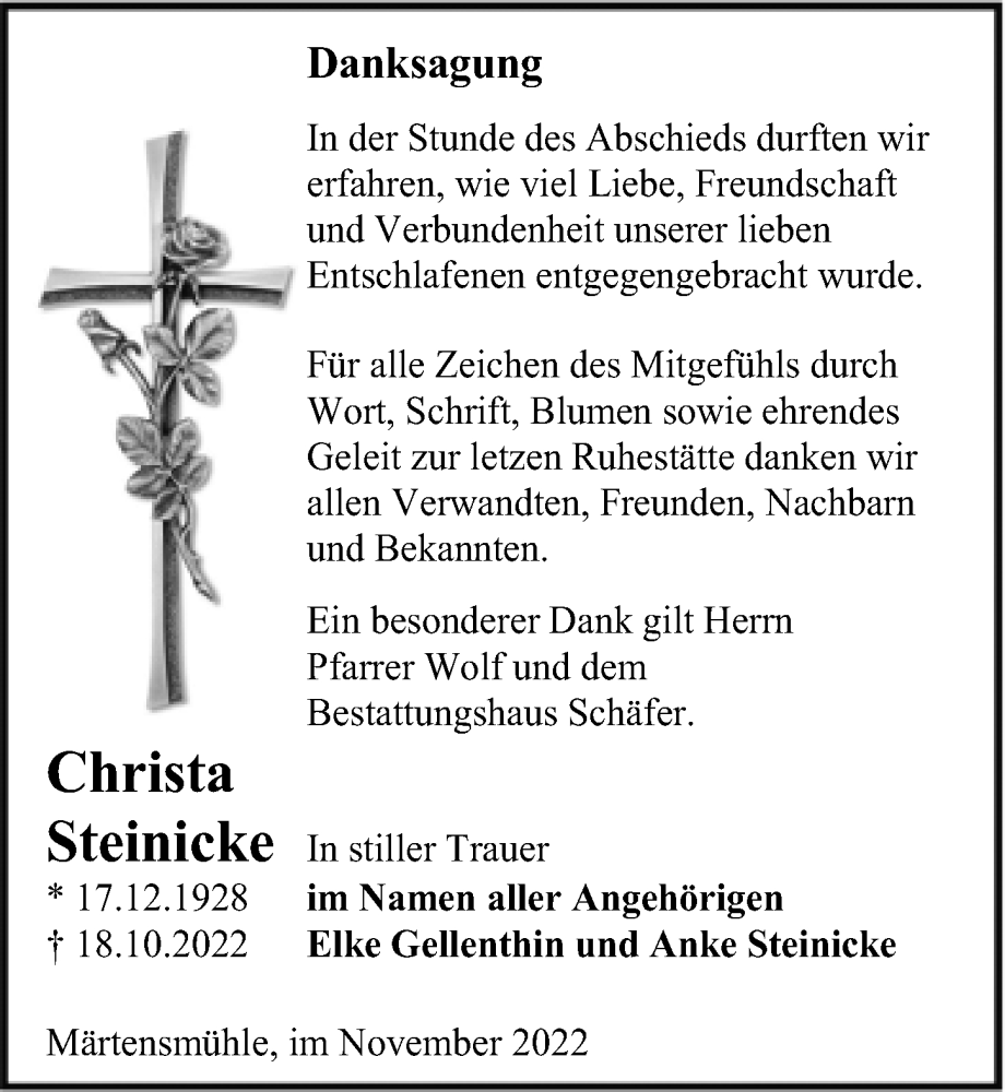  Traueranzeige für Christa Steinicke vom 12.11.2022 aus Märkischen Allgemeine Zeitung