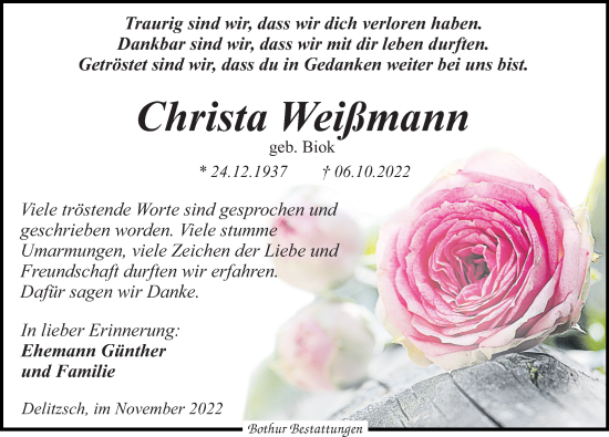 Traueranzeige von Christa Weißmann von Leipziger Volkszeitung