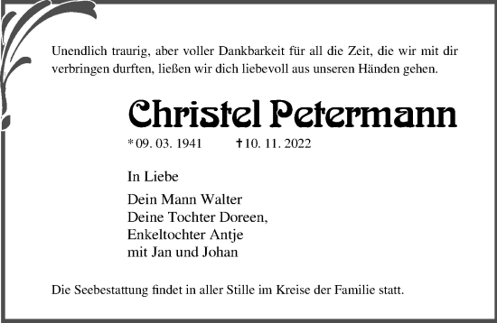 Traueranzeige von Christel Feiermann von Ostsee-Zeitung GmbH
