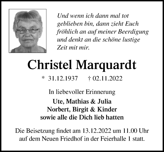 Traueranzeige von Christel Marquardt von Ostsee-Zeitung GmbH