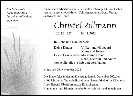 Traueranzeige von Christel Zillmann von Ostsee-Zeitung GmbH