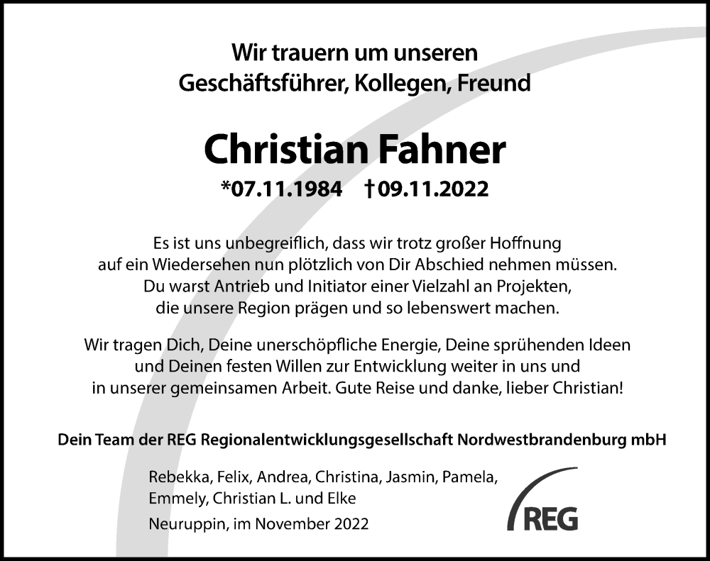 Traueranzeige für Christian Fahner vom 14.11.2022 aus Märkischen Allgemeine Zeitung