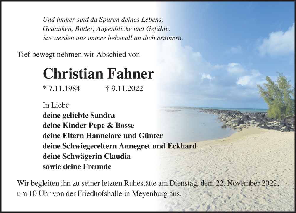  Traueranzeige für Christian Fahner vom 12.11.2022 aus Märkischen Allgemeine Zeitung