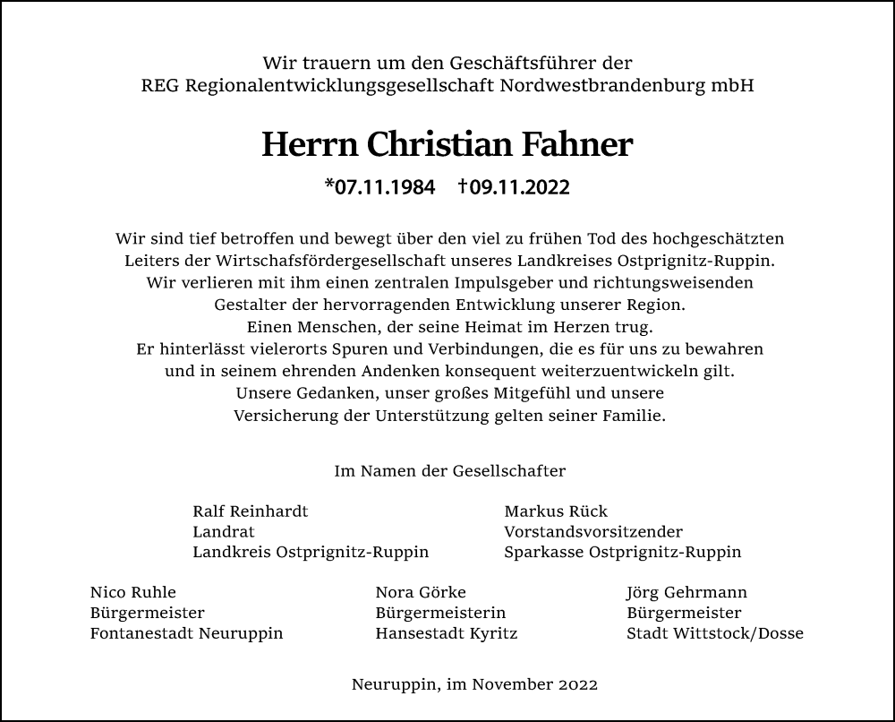  Traueranzeige für Christian Fahner vom 15.11.2022 aus Märkischen Allgemeine Zeitung