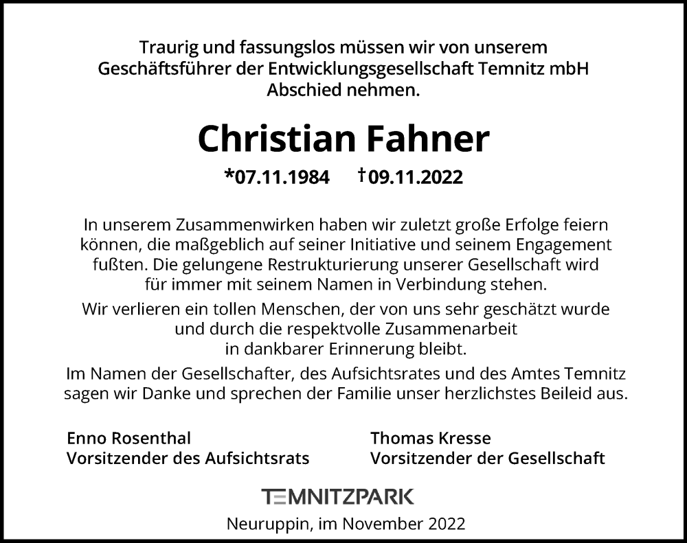  Traueranzeige für Christian Fahner vom 15.11.2022 aus Märkischen Allgemeine Zeitung