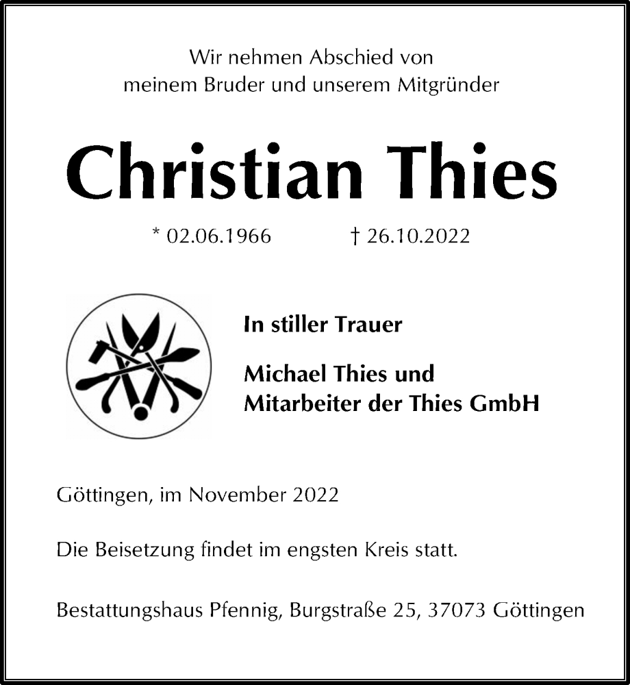  Traueranzeige für Christian Thies vom 12.11.2022 aus Göttinger Tageblatt