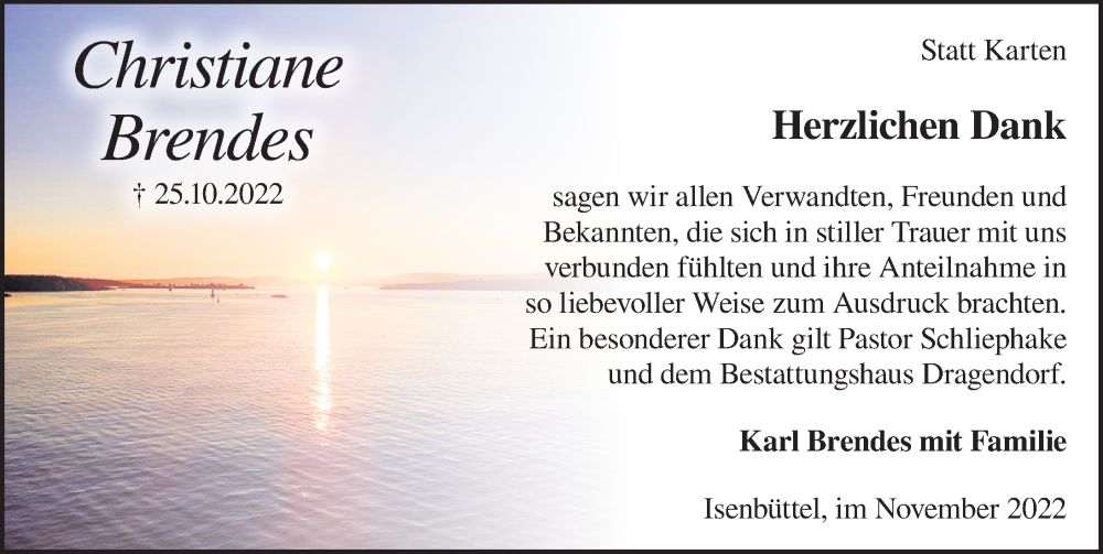  Traueranzeige für Christiane Brendes vom 26.11.2022 aus Aller Zeitung