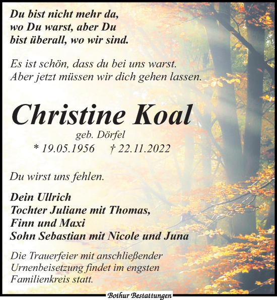 Traueranzeige von Christine Koal von Leipziger Volkszeitung