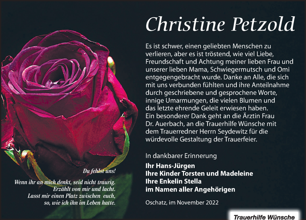 Traueranzeige für Christine Petzold vom 19.11.2022 aus Leipziger Volkszeitung
