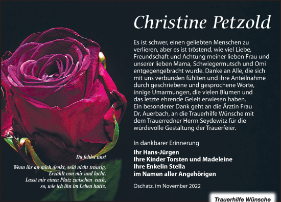 Traueranzeige von Christine Petzold von Leipziger Volkszeitung