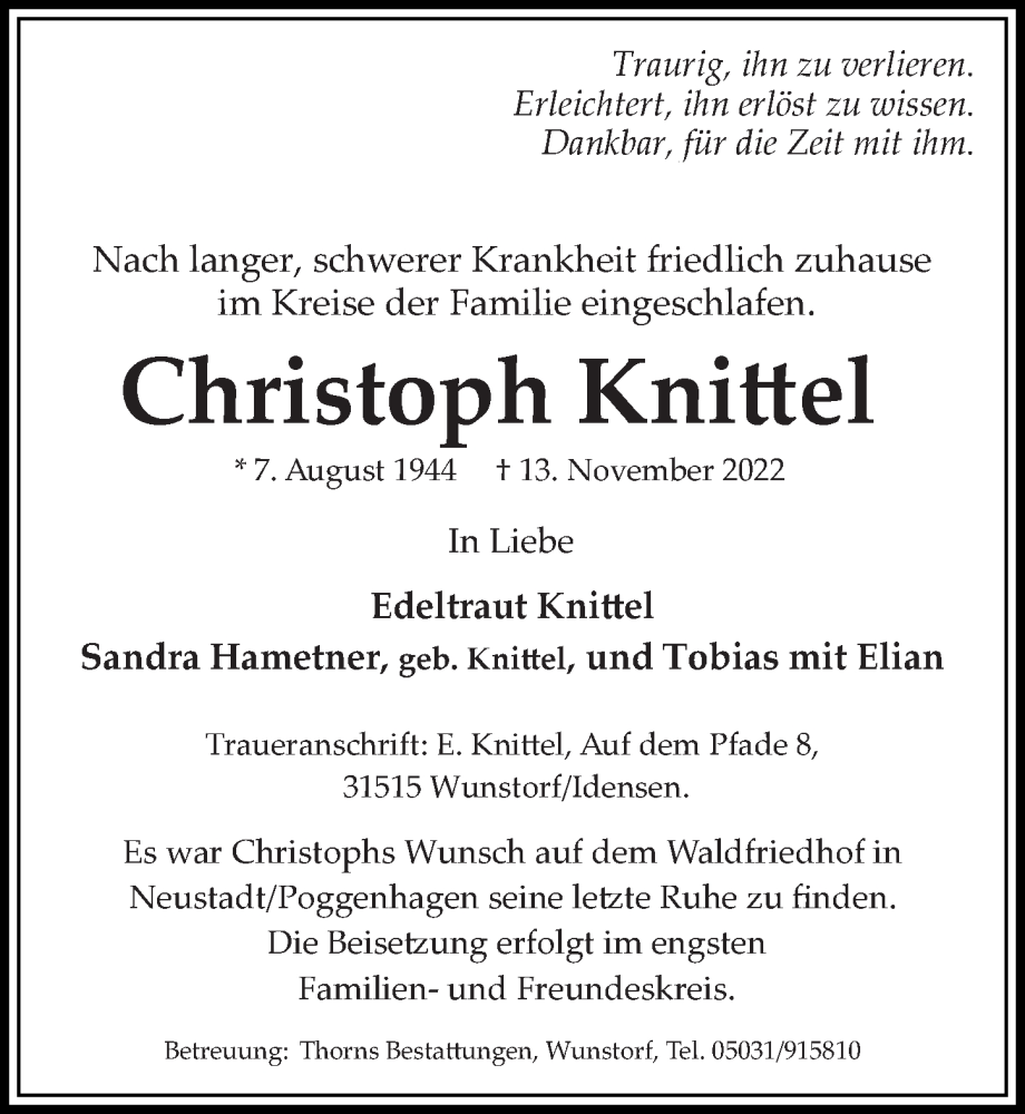  Traueranzeige für Christoph Knittel vom 19.11.2022 aus Hannoversche Allgemeine Zeitung/Neue Presse