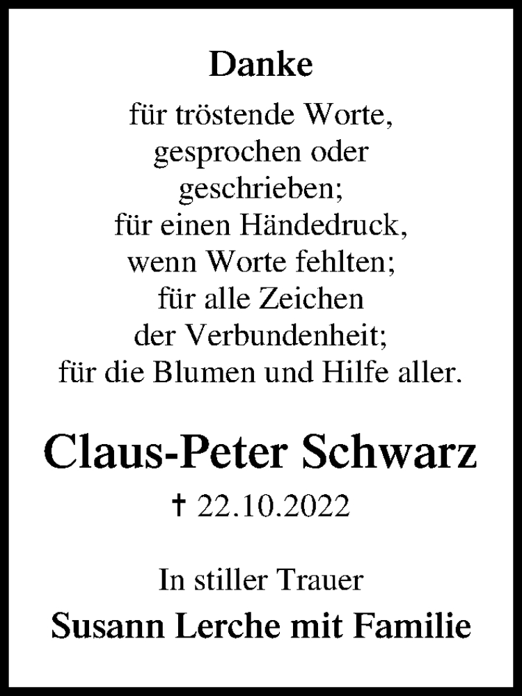  Traueranzeige für Claus-Peter Schwarz vom 06.11.2022 aus Lübecker Nachrichten