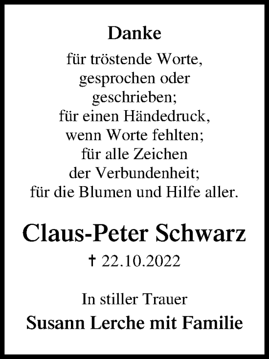 Traueranzeige von Claus-Peter Schwarz von Lübecker Nachrichten