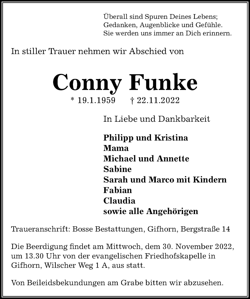 Traueranzeige für Conny Funke vom 26.11.2022 aus Aller Zeitung
