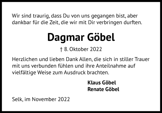 Traueranzeige von Dagmar Göbel von Kieler Nachrichten