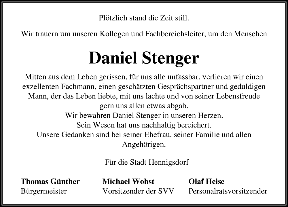  Traueranzeige für Daniel Stenger vom 26.11.2022 aus Märkischen Allgemeine Zeitung