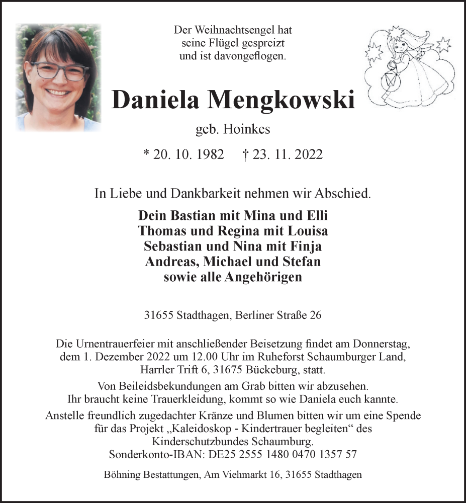  Traueranzeige für Daniela Mengkowski vom 26.11.2022 aus Schaumburger Nachrichten